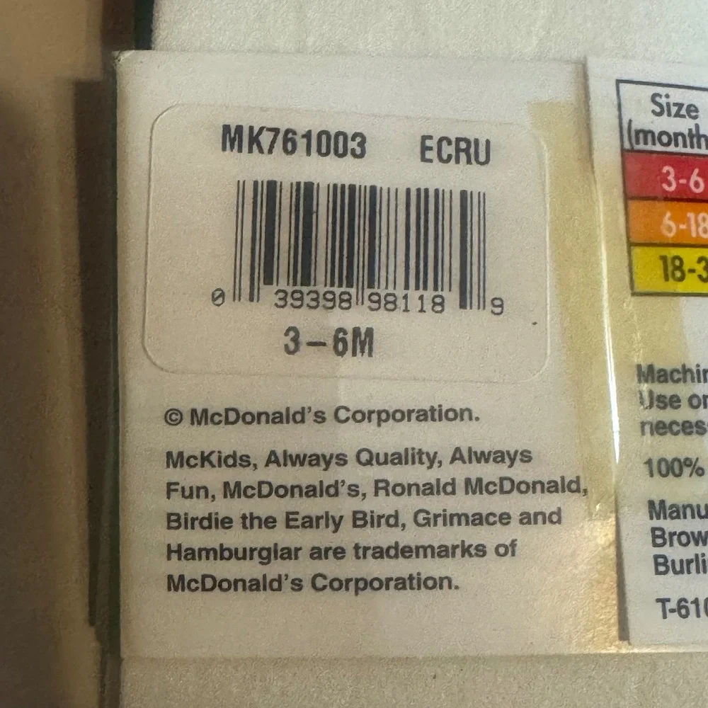 McKids Vintage Ecru Nylon Opaque Tights 3-6 Months McDonald's MK761003 USA Made